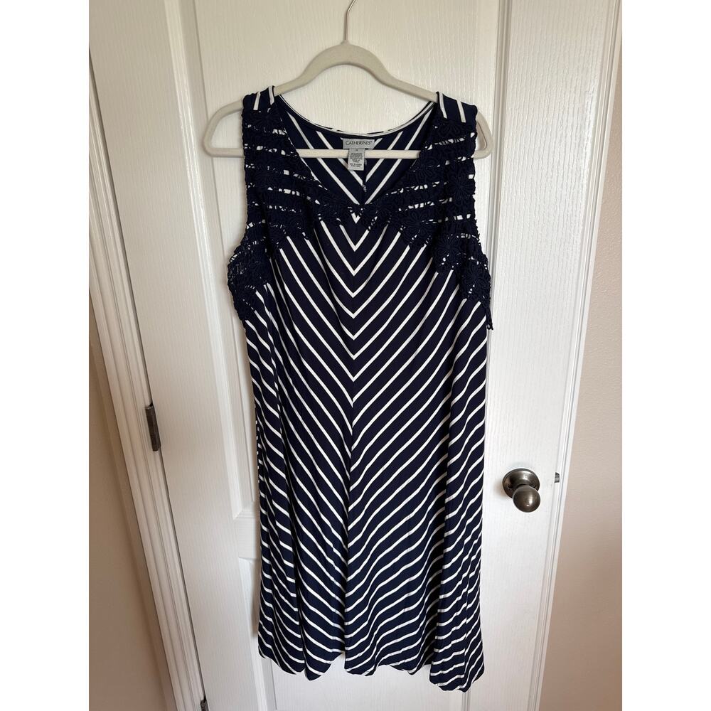 Catherine's Blue White Chevron Dress 1X with Crochet Accent on Shoulder
